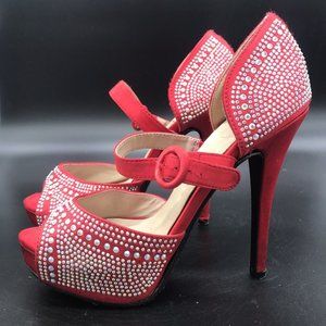 Womens Heels Heart in D Red Rhinestone Stilettos size 7.5